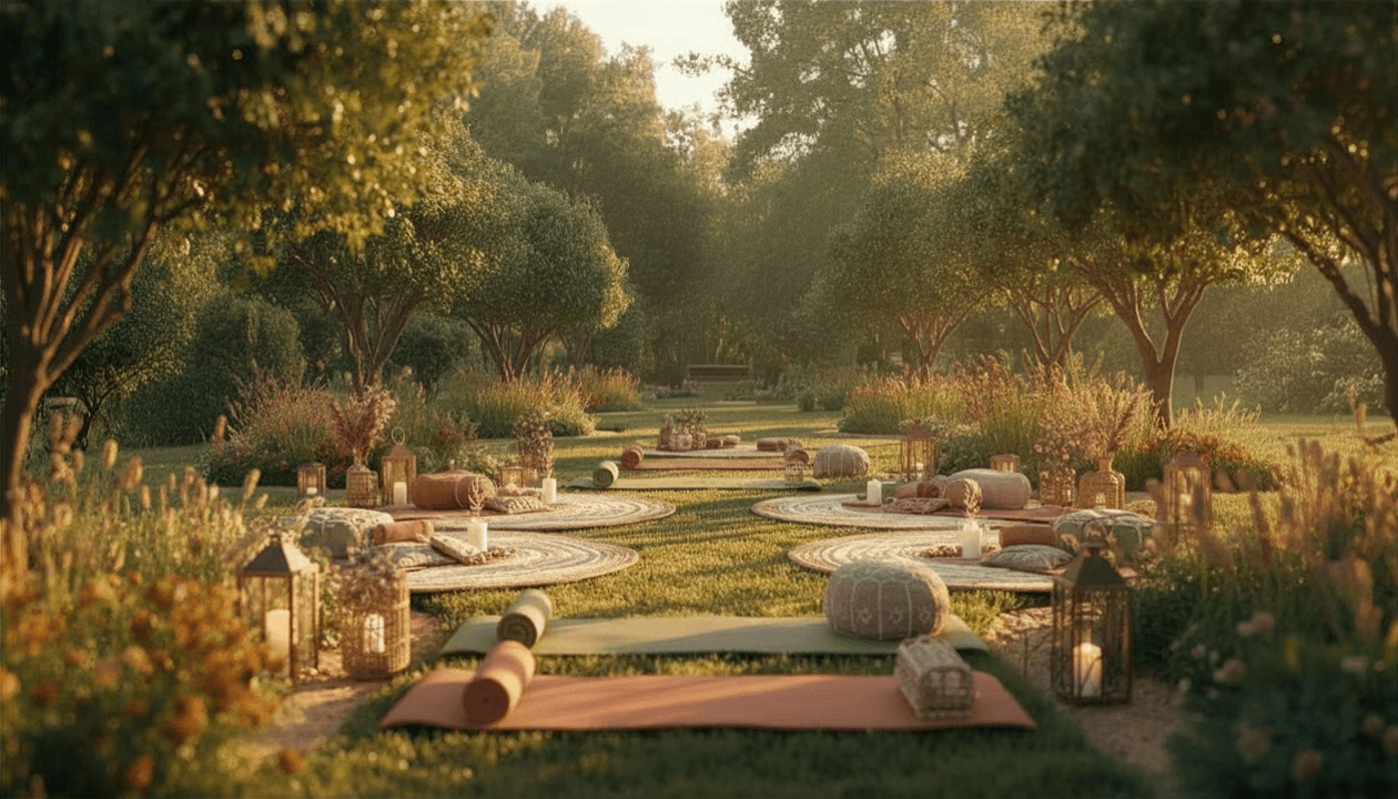 Achtsamkeitskurs im Garten – ruhiger Boho-Gartenplatz mit Sitzkissen